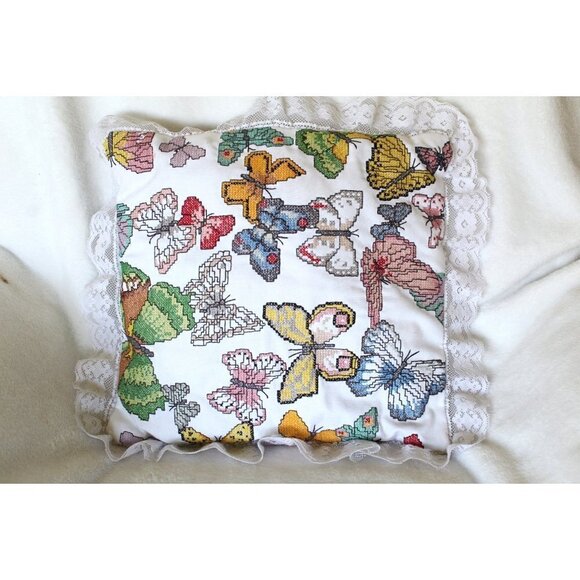 Handmade Butterflies Needlepoint Pillow cross stitch Multicolor Lace edges - Picture 6 of 12